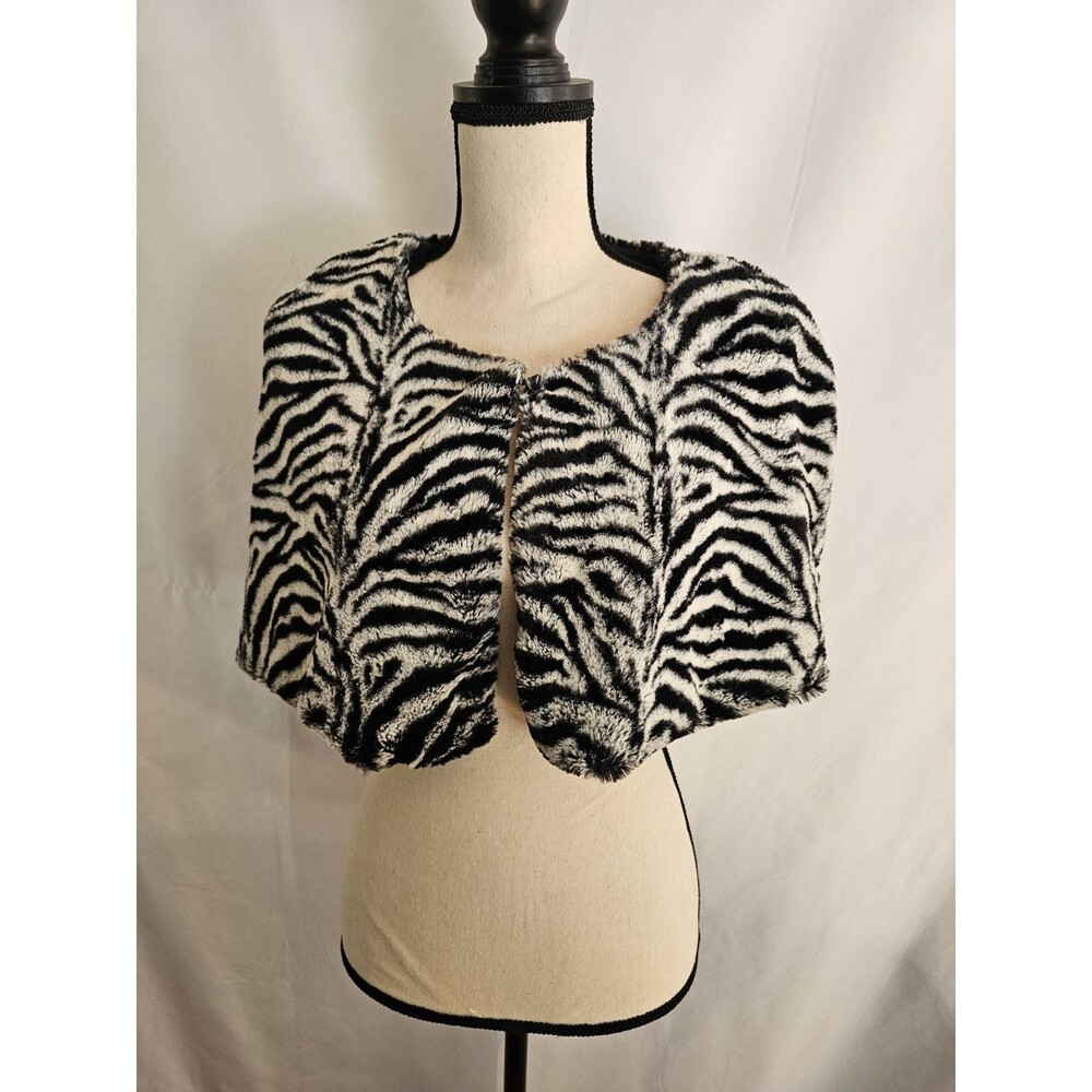 Glamour Women’s Zebra Print Faux Fur Shrug Jacket Size Large Black White